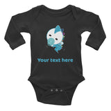 Personalized Cute Glittery Blue Baby Dinosaur Infant Long Sleeve Bodysuit
