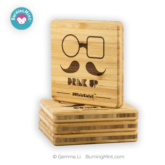 Coasters for Dad, Modern Coasters, Minimalist Coasters, Beared Coasters, Four Bamboo Coasters, Bamboo Coaster Sets, Beer Coasters, High-quality Bamboo Coasters, Kitcen Decor, BurningMint Drink ware, 