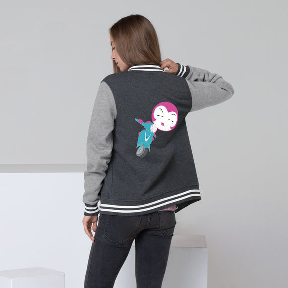 Cool Women's Letterman Jacket with Pink Girl on A Scooter