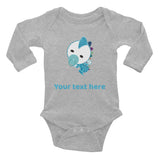 Personalized Cute Glittery Blue Baby Dinosaur Infant Long Sleeve Bodysuit