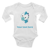 Personalized Cute Glittery Blue Baby Dinosaur Infant Long Sleeve Bodysuit