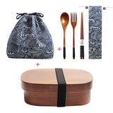 Wooden Lunch Box Set with a Bag, Spoon, Fork & Chopsticks | Japanese Bento Box for School Kids |  Dinnerware Set | Oval, Around, Rectangular Lunch Box